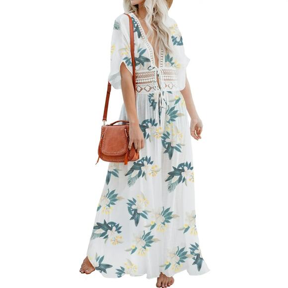 🎀Chiffon Floral Pattern Lace Trim Detail Cover Up Longline Beachwear | Size XL - Picture 2 of 7
